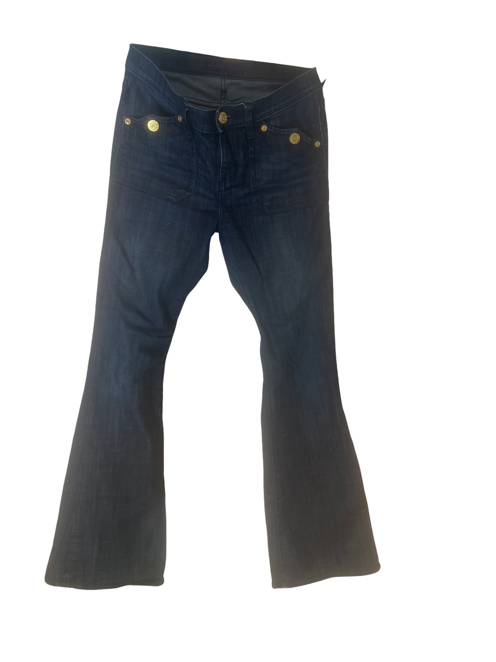 Rock & Republic Dark Blue Flare Jeans:Gold Buttons Size 8 lgth 34 (BIN 1-16)